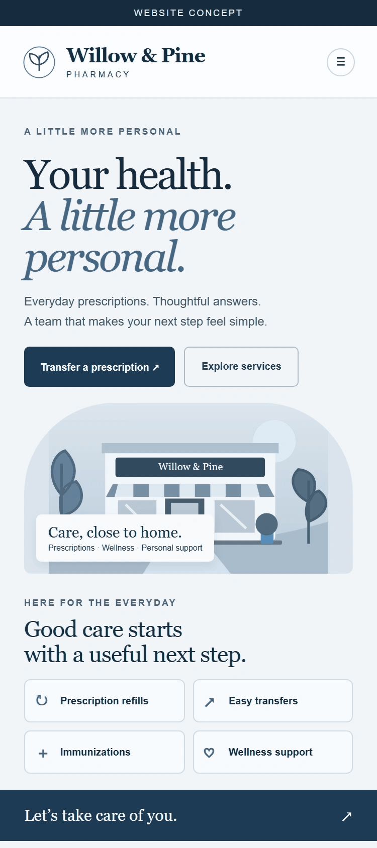 Original Willow and Pine mobile website concept, with service links and a transfer action