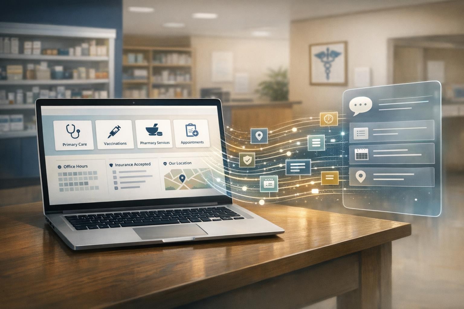 A pharmacy and clinic website organized into clear information that an AI assistant can interpret