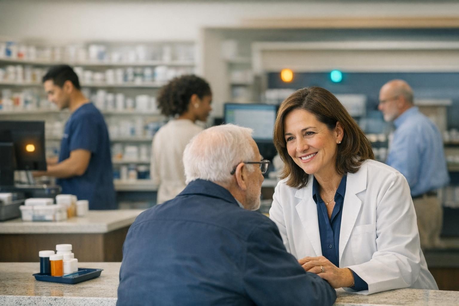 An independent pharmacist speaking warmly with a patient while a coordinated pharmacy team keeps operations moving in the background