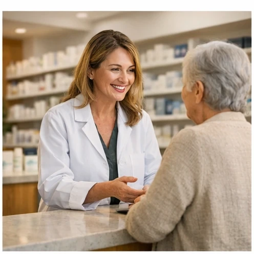 pharmacist talking with a patient in a warm pharmacy