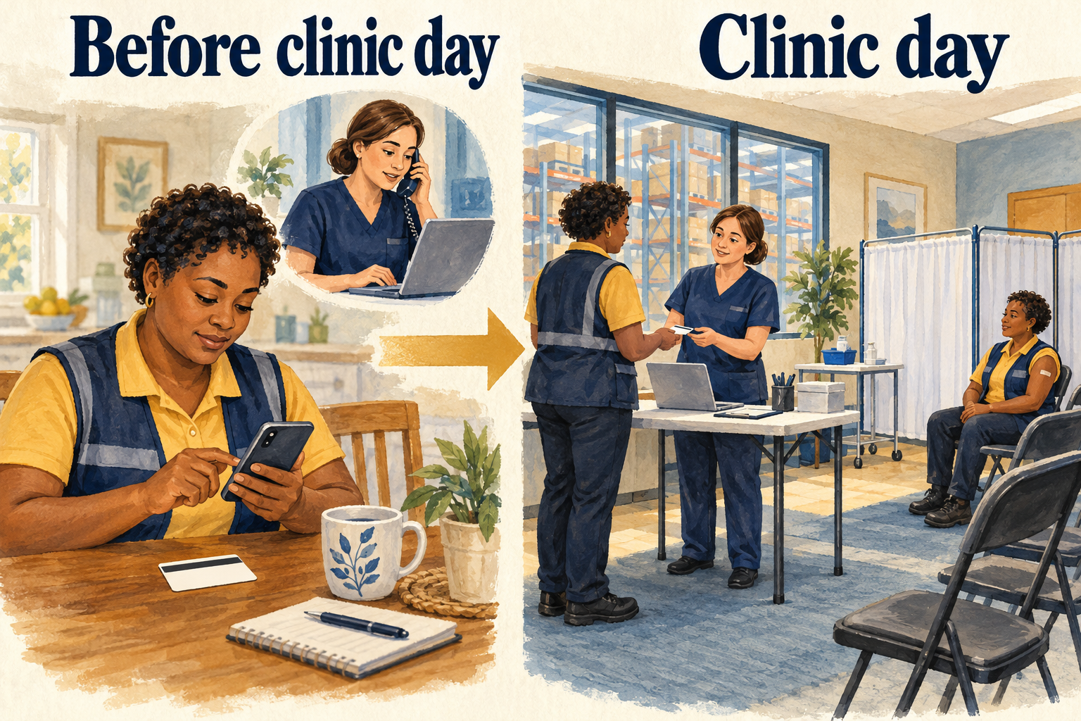 Before clinic day, an employee enters insurance information and a pharmacist follows up on registration. At the workplace, the employee arrives for a prepared clinic rather than starting the paperwork there.