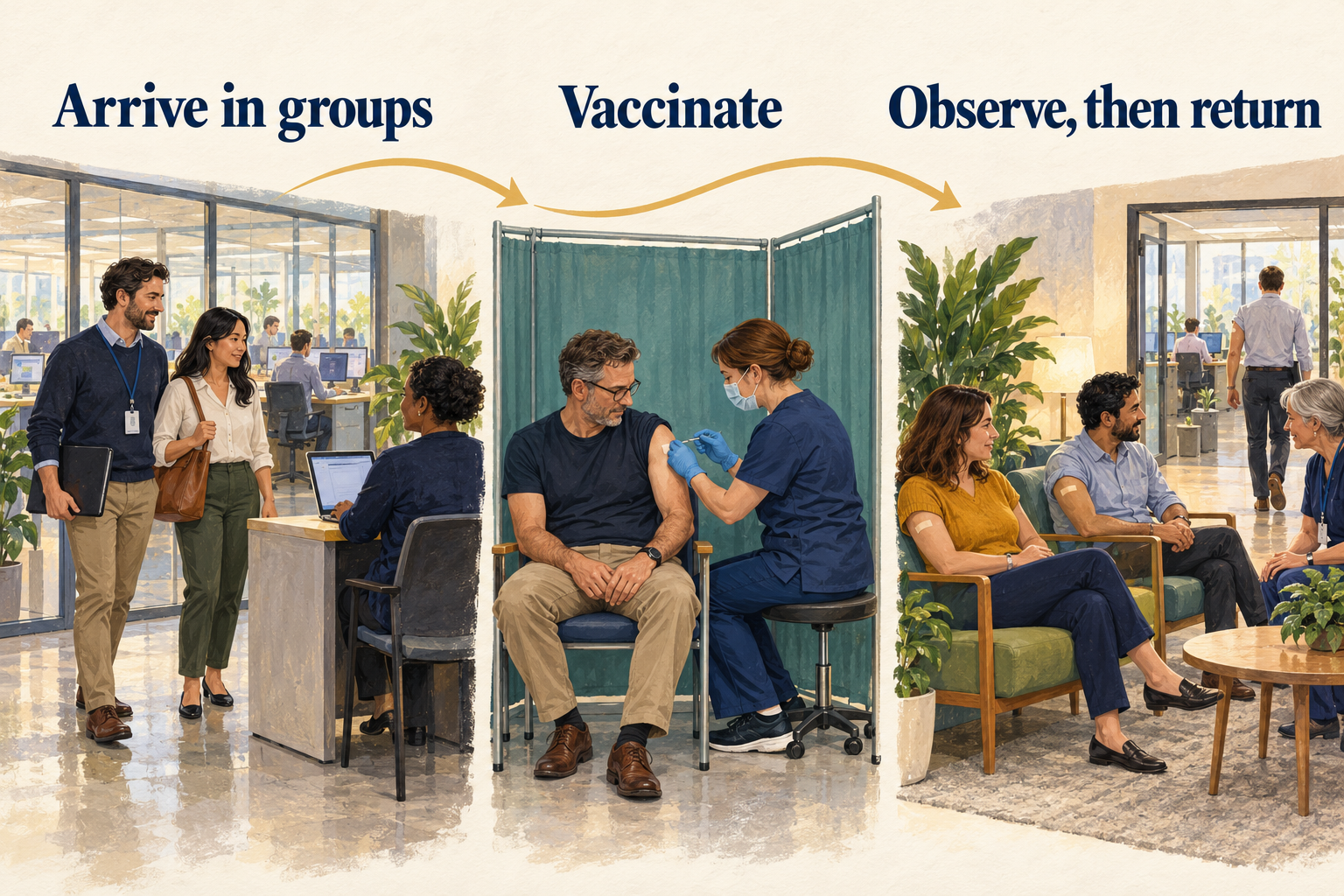 Employees arrive from the workplace in small scheduled groups, receive vaccination in a clinical area and complete seated observation before returning to work.