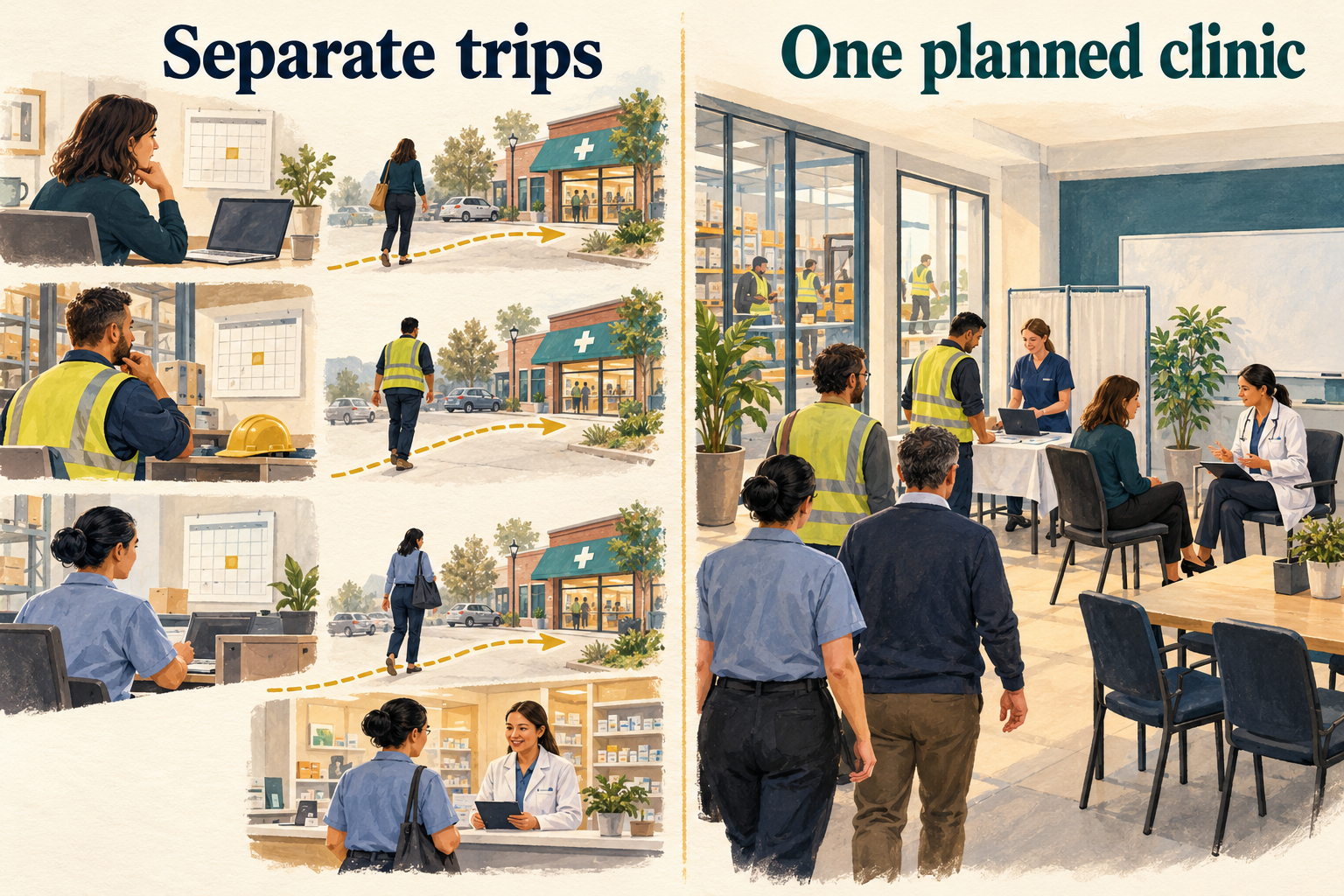 Separate trips require employees to travel individually to the pharmacy. One planned workplace clinic brings the team to the group and shares the event setup across scheduled visits.