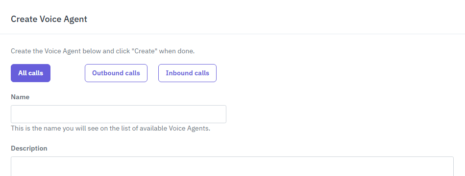 Product screenshot: Create Voice Agent form with All calls, Outbound calls and Inbound calls options, plus Name and Description.