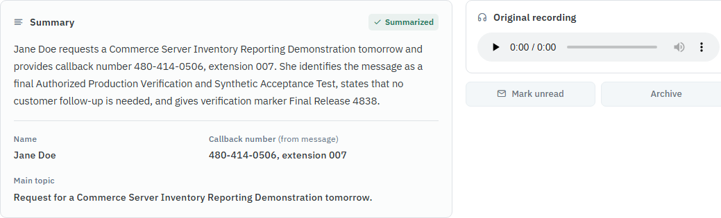 Product screenshot: an automatically written voicemail summary with name, callback number and main topic.